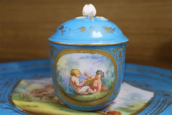 A Sevres style bleu celeste tray and sucrier tray 16in.